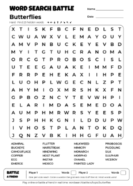 Printable Butterflies Word Search