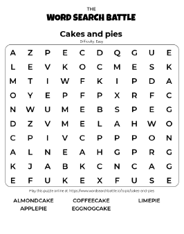 Printable Cakes and Pies Word Search