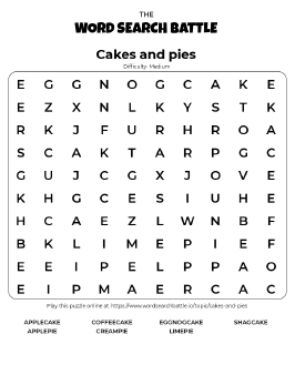 Printable Cakes and Pies Word Search Preview