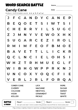 Printable Medium Candy Cane Word Search