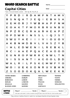 Printable Capital Cities Word Search