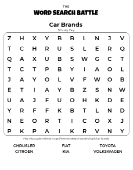 Printable Easy Car Brands Word Search