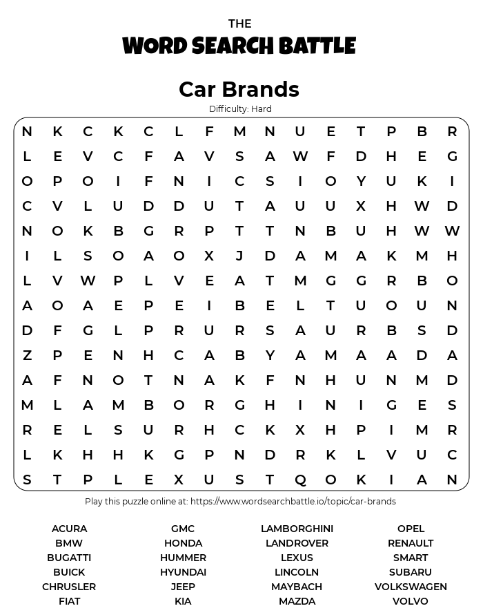 Printable Car Brands Word Search