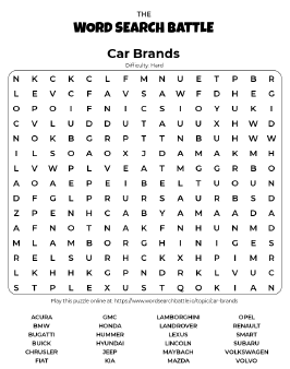 Printable Hard Car Brands Word Search
