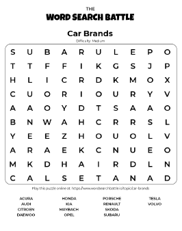 Printable Car Brands Word Search