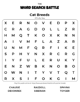 Printable Cat Breeds Word Search