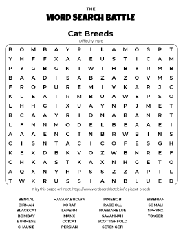 Printable Cat Breeds Word Search