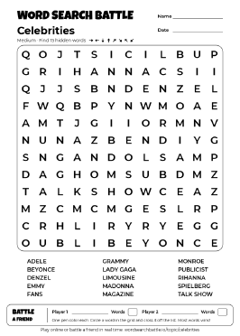 Printable Celebrities Word Search