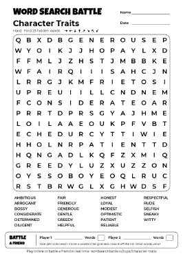 Printable Character Traits Word Search