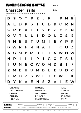 Printable Character Traits Word Search
