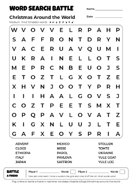 Printable Christmas Around the World Word Search Preview