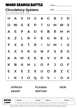 Printable Easy Circulatory System Word Search