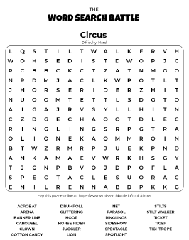 Printable Hard Circus Word Search