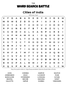 Printable Cities of India Word Search Preview