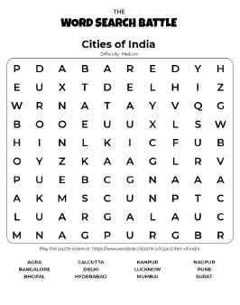 Printable Cities of India Word Search