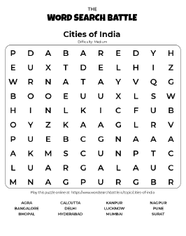 Printable Cities of India Word Search Printable Cities of India Word Search