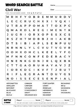 Printable Civil War Word Search