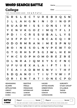 Printable Hard College Word Search