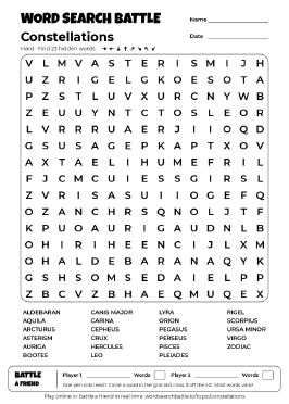 Printable Hard Constellations Word Search