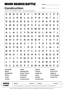 Printable Hard Construction Word Search