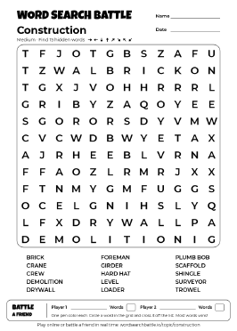 Printable Medium Construction Word Search
