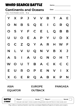 Printable Easy Continents and Oceans Word Search