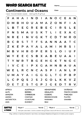 Printable Hard Continents and Oceans Word Search