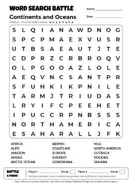Printable Continents and Oceans Word Search