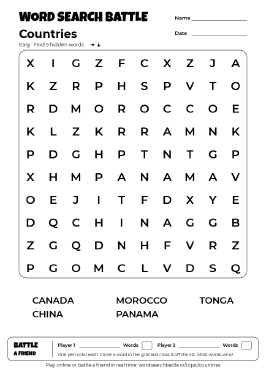 Printable Easy Countries Word Search