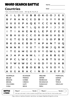 Printable Hard Countries Word Search
