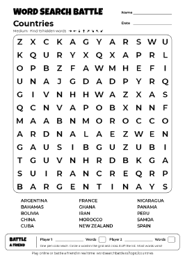 Printable Medium Countries Word Search