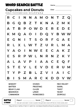 Printable Cupcakes and Donuts Word Search