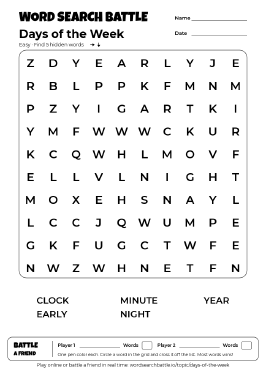 Printable Easy Days of the Week Word Search