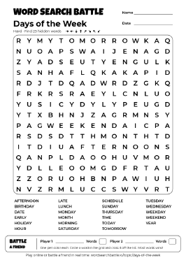 Printable Hard Days of the Week Word Search
