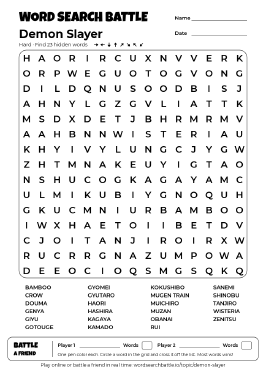 Printable Hard Demon Slayer Word Search