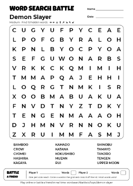 Printable Medium Demon Slayer Word Search