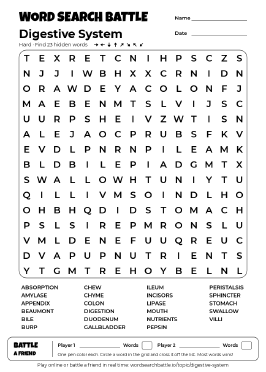 Printable Digestive System Word Search