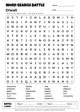 Printable Diwali Word Search