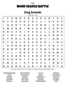 Printable Hard Dog Breeds Word Search