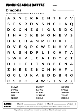 Printable Dragons Word Search