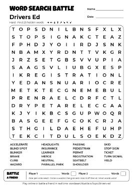 Printable Hard Drivers Ed Word Search
