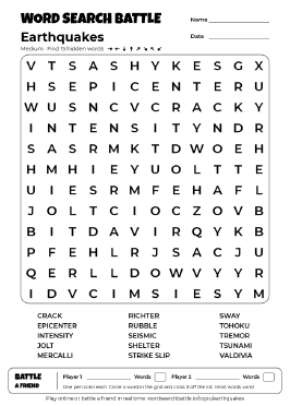 Printable Earthquakes Word Search Preview