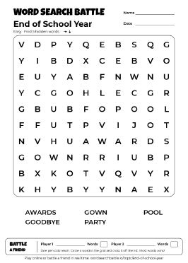 Printable Easy End of School Year Word Search