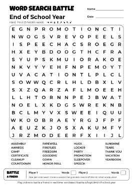 Printable Hard End of School Year Word Search