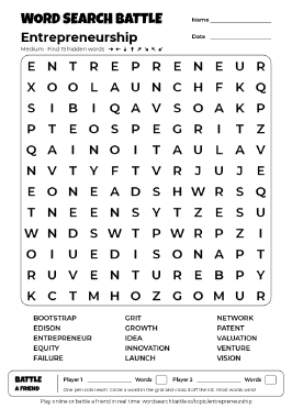 Printable Medium Entrepreneurship Word Search