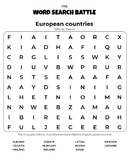 Printable European Countries Word Search Preview