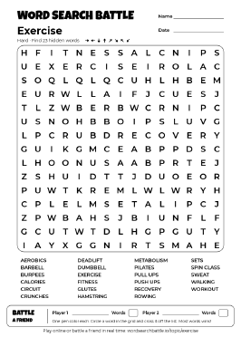 Printable Exercise Word Search