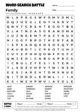 Printable Hard Family Word Search