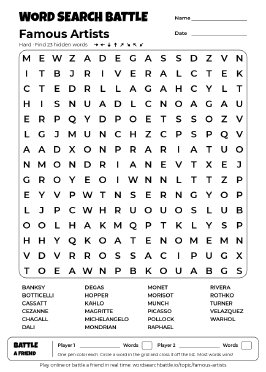 Printable Famous Artists Word Search