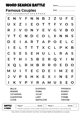Printable Famous Couples Word Search